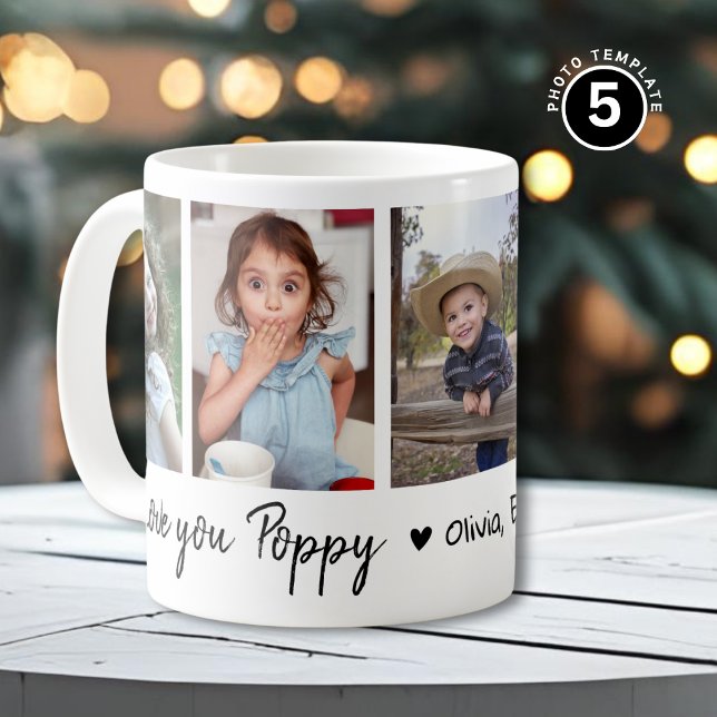 Love You Poppy Grandkids Names 5 Photo Collage Kaffemugg (Skapare uppladdad)