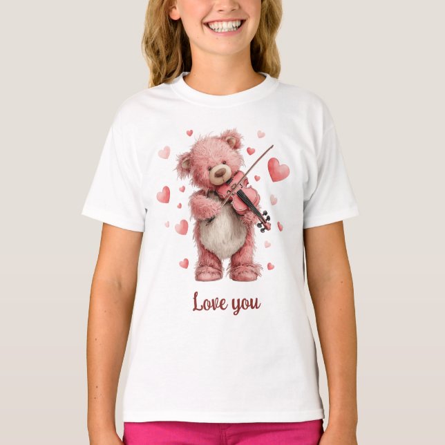 Love You Teddy with Violin T Shirt (Framsida)