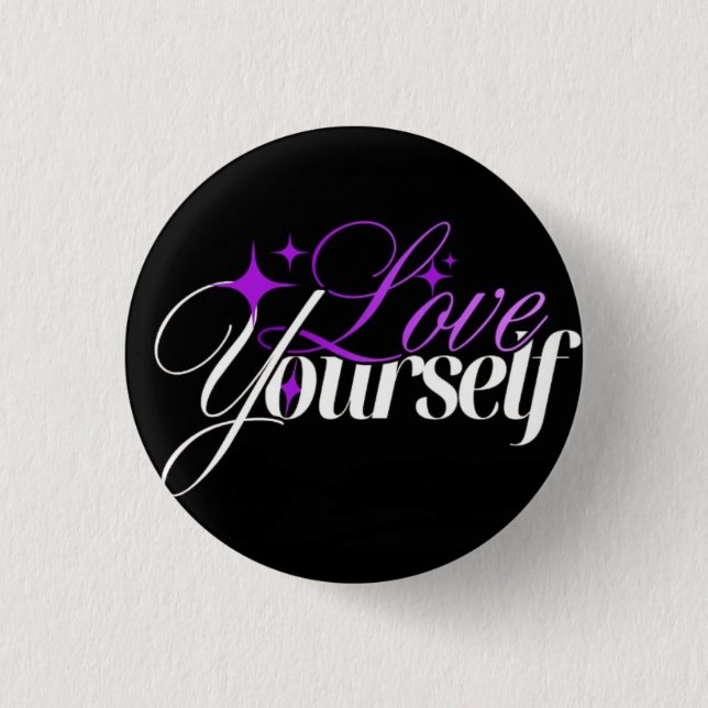 Love Yourself Purple & White Script Button Knapp (Framsida)