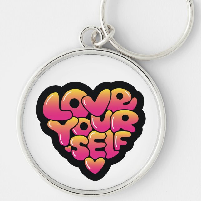 Love Yourself Typography Heart Sticker  Rund Silverfärgad Nyckelring (Framsidan)