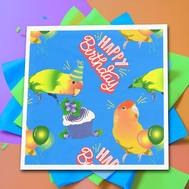 Lovebird Birthday Blue Pet Bird Theme Roligt Party Pappersservett (Cute pet lovebird birthday party napkins)