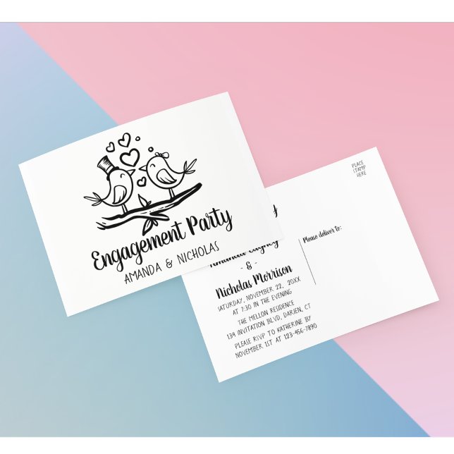 Lovebird Black White Bröllop Förlovningsfest Inbjudan Vykort (Skapare uppladdad)