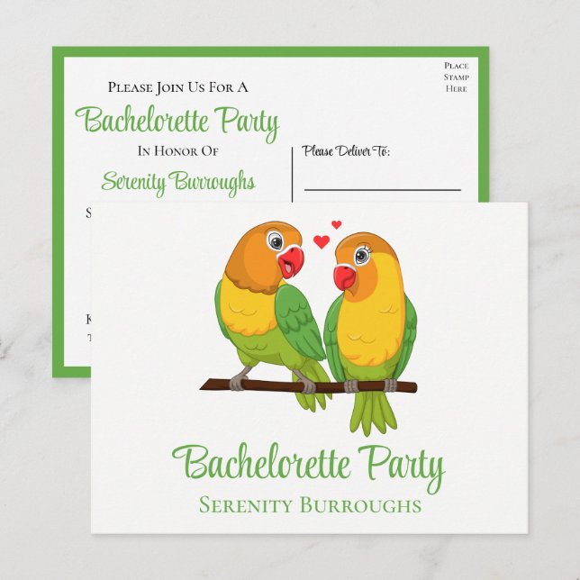 Lovebird Gult Grönt Love birds Bachelorette Inbjudan Vykort (Fram/baksida)