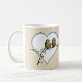 Lovebird på hjärtbeige blommar gren kaffemugg