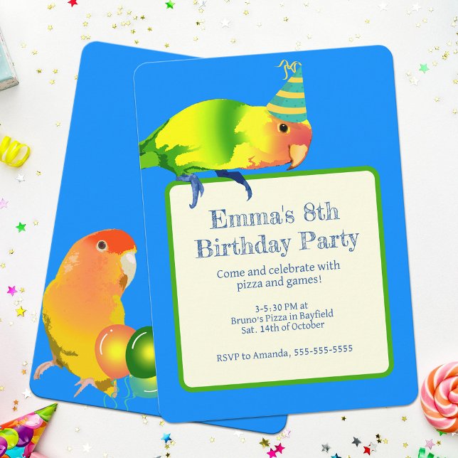 Lovebird Parrot Födelsedagsfest Cute Bright Bird Inbjudningar (Birthday lovebirds kids party invitation)