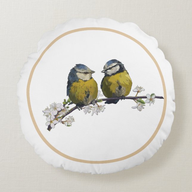 Lovebird sitta på körsbärsblommarna gren rund kudde (Framsidan)