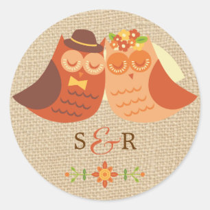 Lovebird Uggla på Burlap Bröllop Sticker Runt Klistermärke