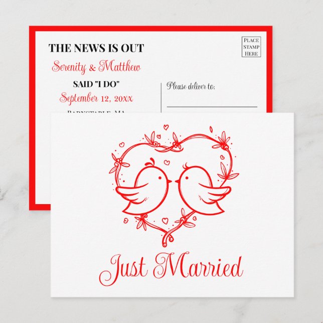 Lovebirds Boho Red Love Heart Just Married Wedding Meddelande Vykort (Fram/baksida)