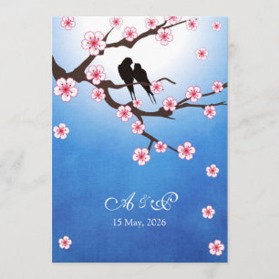 Lovebirds och Sakura - blåttbakgrund Inbjudningar