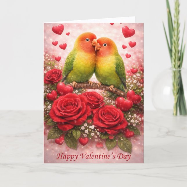 Lovebirds & Roses Valentine’s Day – Romantic Helgkort (Framsida)