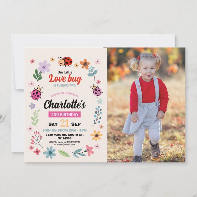 Lovebug Birthday Girls Kärlek Kryp Ladybird Fottos Inbjudningar (Framsida)