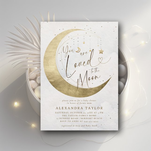 Loved Måne Stars Guld White Neutralt Baby Shower Inbjudningar (loved to the moon baby shower invitation moon stars watercolor cute coed elegant neutral)
