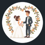 Loveeart Bröllop Sticker Runt Klistermärke<br><div class="desc">Fira din speciella dag med den här charmerande illustrationen av en brud och en groom som utbyter vyer under en blommigt hjärtgång.</div>