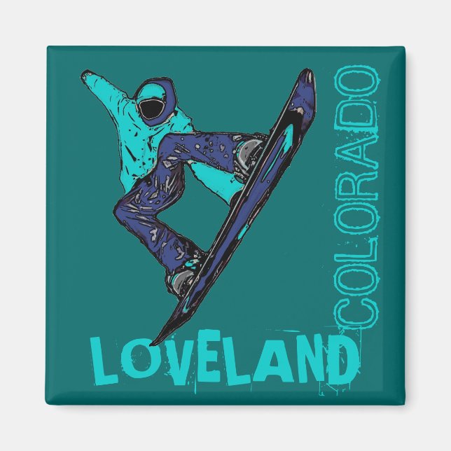 Loveland Colorado teal snowboarder magnet (Framsidan)