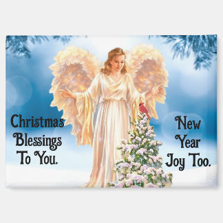 Lovely Angel With Tree Christmas Magnet