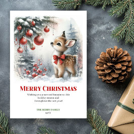 Lovely Baby Fawn Winter Scene Watercolor Greeting Julkort