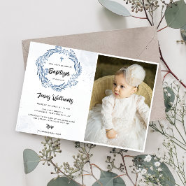 Lovely Blue Florals Baptism Photo Inbjudningar