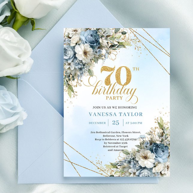 Lovely bohemian blue florals gold frame 70th bday inbjudningar (Lovely bohemian blue florals gold frame 70th birthday

)