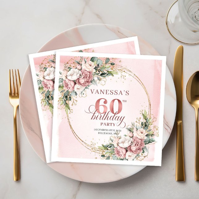 Lovely Boho Rose Gold Floral 60th Birthday Napkins Pappersservett (Lovely Boho Rose Gold Floral 60th Birthday Napkins)