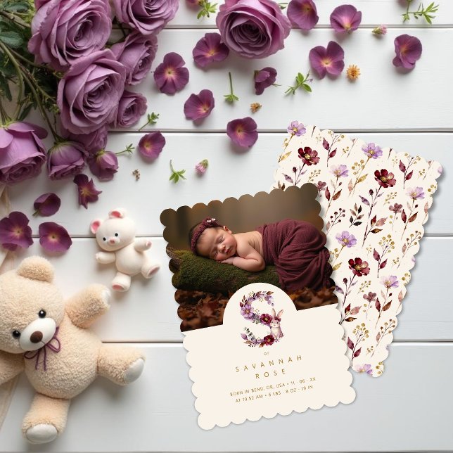 Lovely Bunny Floral S Initial Gold Glitter Newborn (Lovely Bunny Romantic Floral Initial with Gold Glitter Effect for Newborn Photo Announcement Card.)