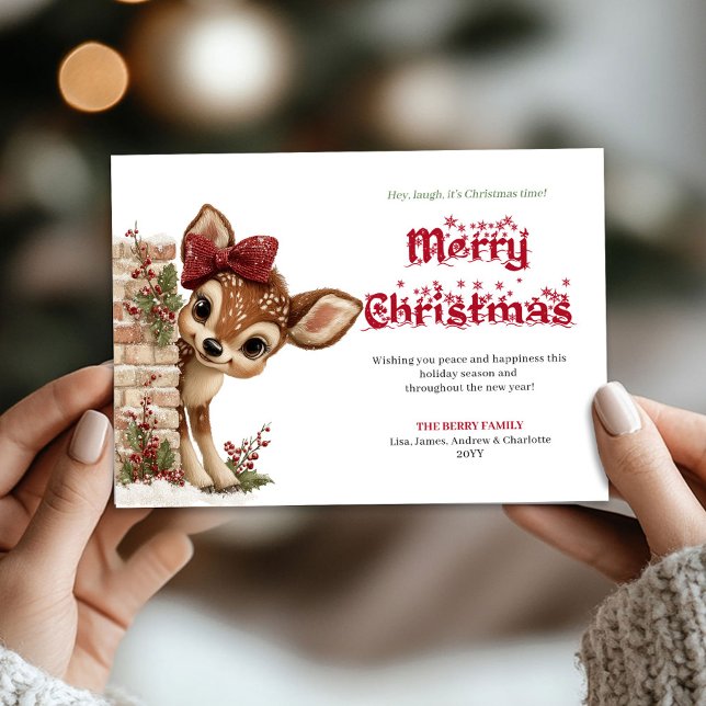 Lovely Christmas baby deer peeking winter card Julkort (Lovely Christmas baby deer peeking winter card)