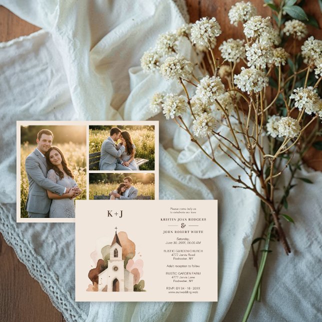 Lovely Church Watercolor 3-Photo Collage Wedding  Inbjudningar (Lovely Church Digital Watercolor 3-Photo Collage Wedding Save the Date Cards.)