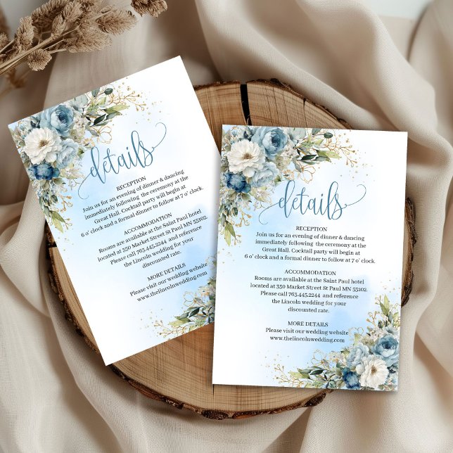 Lovely Dusty Blue Floral Gold Wedding Info Card OSA Kort (Lovely Dusty Blue Floral Gold Wedding Info Card

)