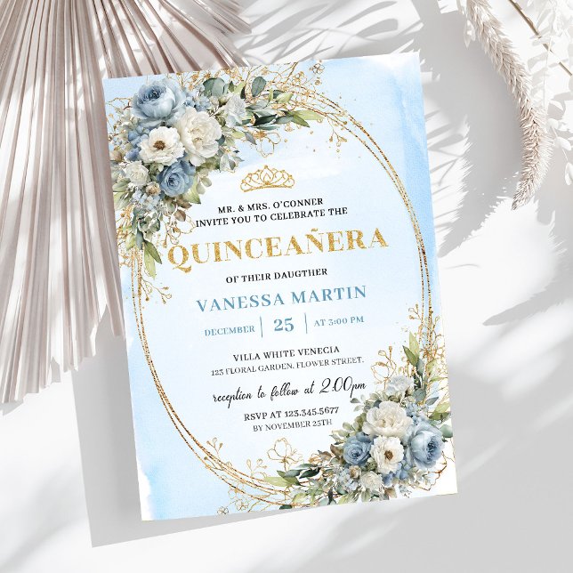 Lovely Dusty Blue Gold Greenery Quinceañera Invite Inbjudningar (Lovely Dusty Blue Gold Greenery Quinceañera Invite

)