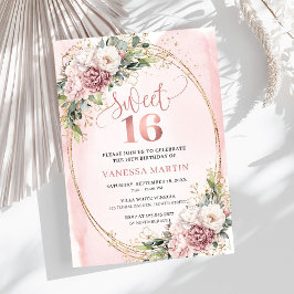 Lovely Dusty Pink Floral Greenery Sweet Sixteen  Inbjudningar
