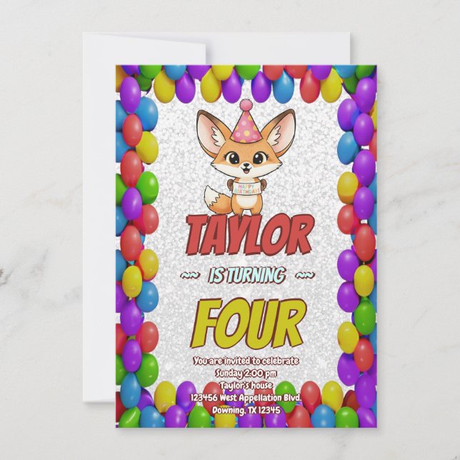 Lovely Fennec Fox 4th Birthday Invitation Inbjudningar (Framsida)