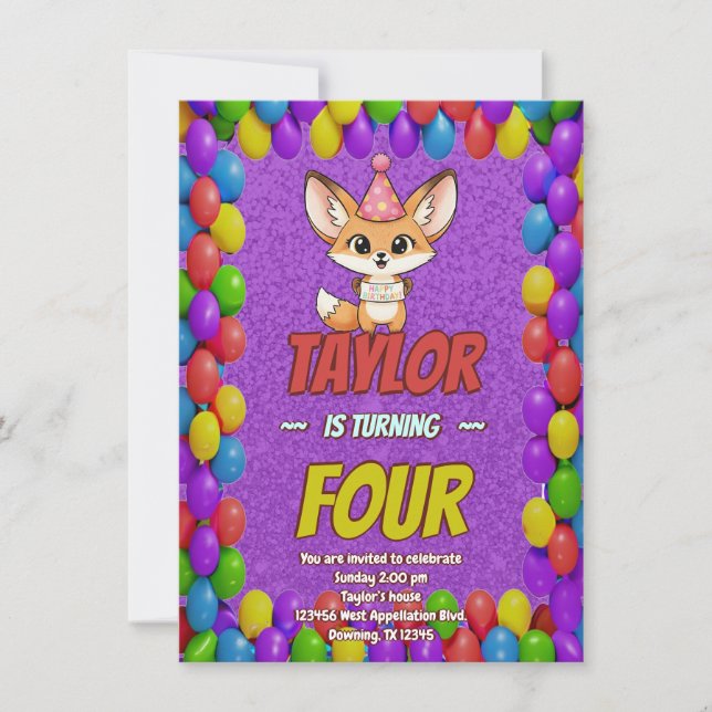 Lovely Fennec Fox 4th Birthday Invitation Inbjudningar (Framsida)