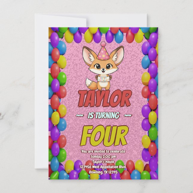 Lovely Fennec Fox 4th Birthday Invitation Inbjudningar (Framsida)