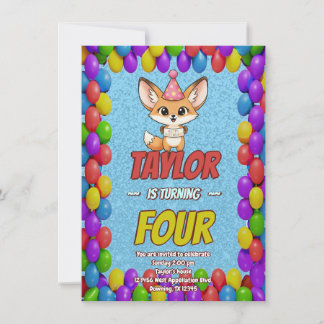 Lovely Fennec Fox 4th Birthday Invitation Inbjudningar