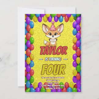 Lovely Fennec Fox 4th Birthday Invitation Inbjudningar