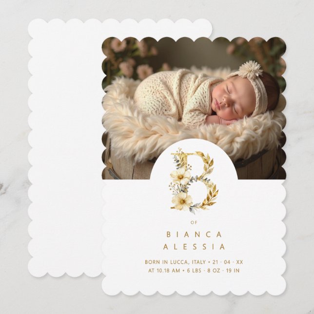Lovely Floral B Initial Gold Glitter Newborn (Fram/baksida)