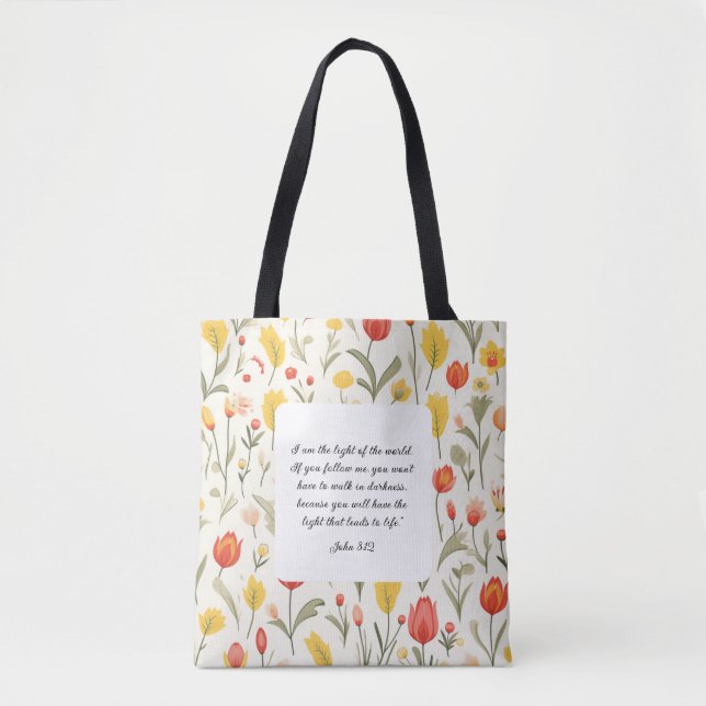 Lovely Floral John 8:12 Tote Bag Tygkasse (Framsida)