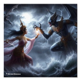 Lovely girl figthing a monster fototryck