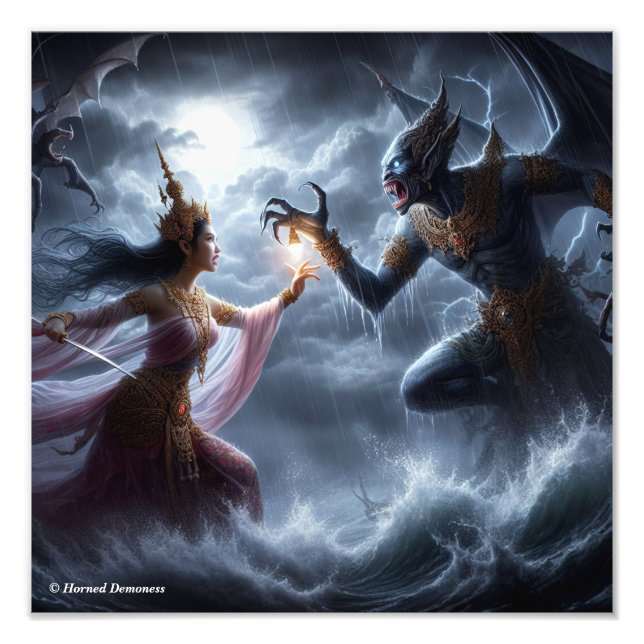 Lovely girl figthing a monster fototryck (Framsidan)