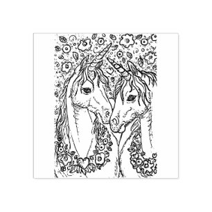 LOVELY PAIR OF UNICORNS, FANTASY HORSES & FLOWERS STÄMPEL