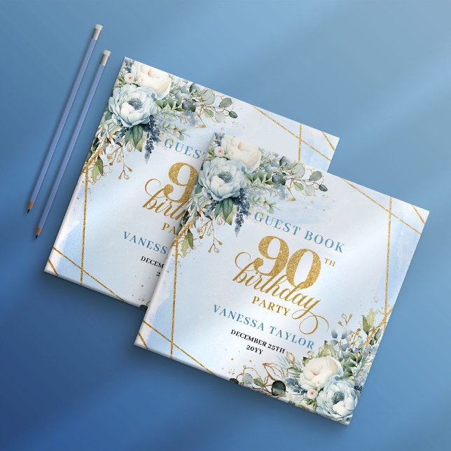 Lovely Pale Blue Gold 90th Birthday Sign In Book Gästböcker (Lovely Pale Blue Gold 90th Birthday Sign In Book)