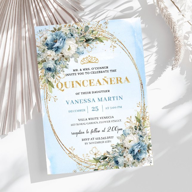 Lovely Pastel Blue Gold Eucalyptus Quinceañera  Inbjudningar (Lovely Pastel Blue Gold Eucalyptus Quinceañera Invite

)