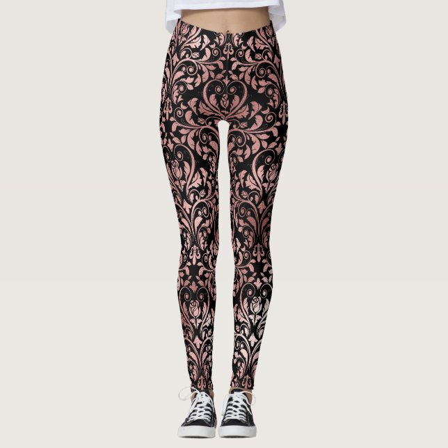 Lovely Pink Rose Gold Damask Black Leggings (Framsida)