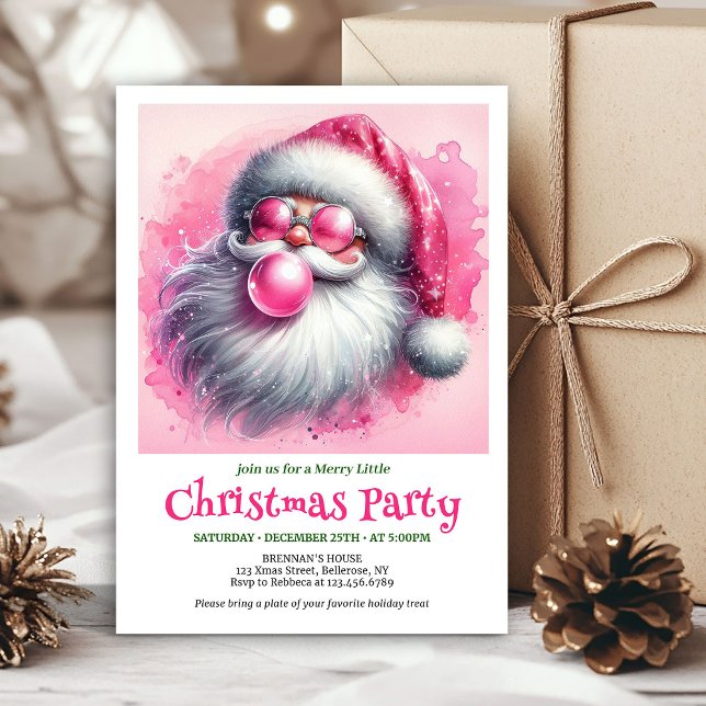 Lovely pink santa bubble gum watercolor Christmas Inbjudningar (Lovely pink santa bubble gum watercolor Xmas invite)