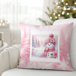 Lovely Pink Snowman Christmas Scene Kids Room Kudde