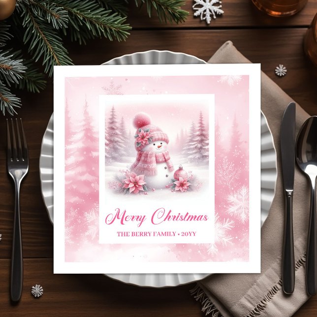 Lovely Pink Snowman Winter Forest Christmas Napkin Pappersservett (Lovely Pink Snowman Winter Forest Christmas Napkins)