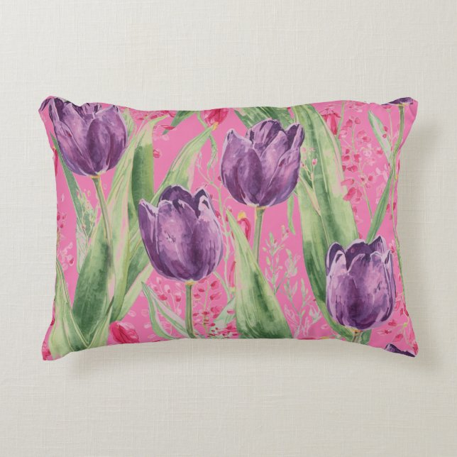 Lovely, Purple,Shocking Pink Tulip Flowers Pattern Prydnadskudde (Framsidan)