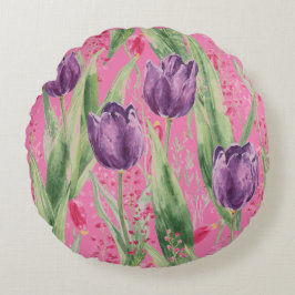 Lovely, Purple,Shocking Pink Tulip Flowers Pattern Rund Kudde