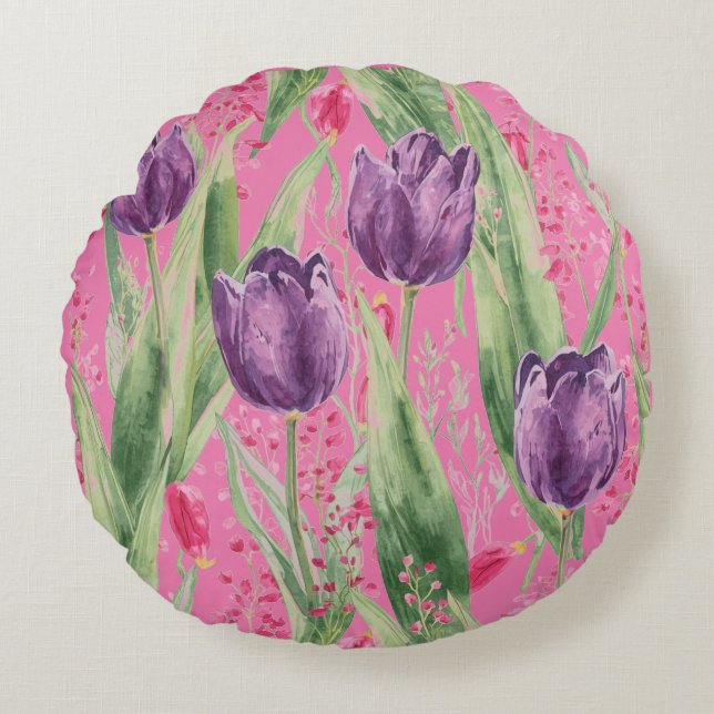 Lovely, Purple,Shocking Pink Tulip Flowers Pattern Rund Kudde (Framsidan)