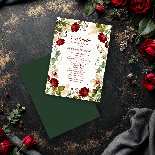 Lovely Red Roses Garden-Inspired Bridal Brunch Inbjudningar (Lovely Red Roses Garden-Inspired Bridal Shower Brunch Invitation Card Design with Dark Green Back.)