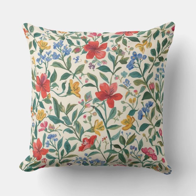 Lovely, Red Yellow Blue Flowers and Leaves Pattern Kudde (Framsida)